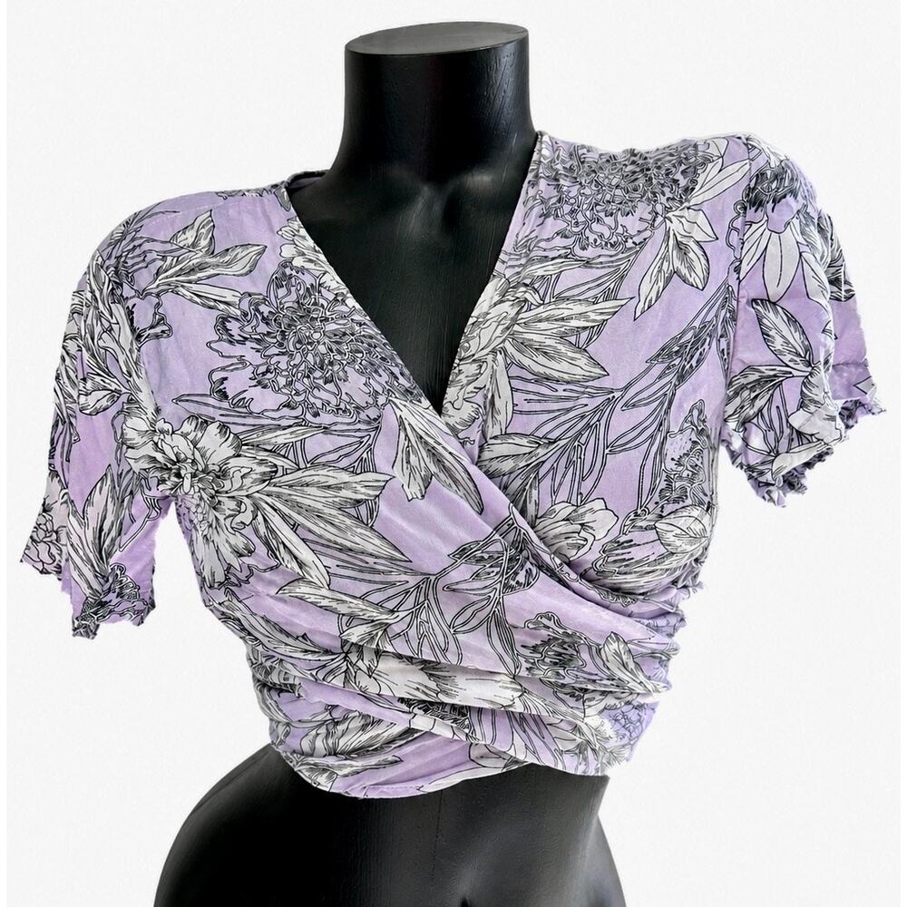 Bardot Purple Floral Wrap Crop Top Blouse US 10 Large Coquette Boho Y2K Viscose